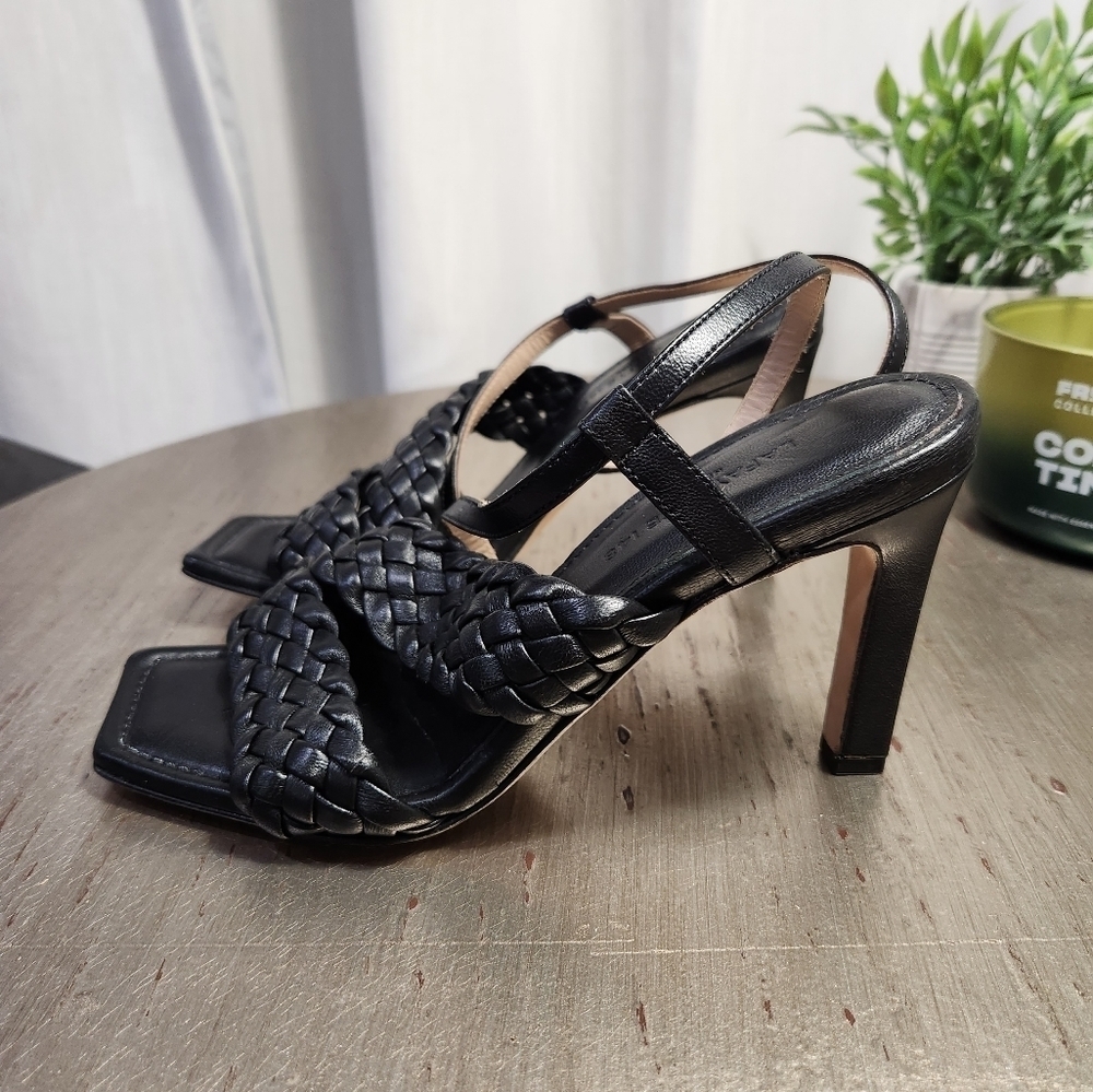 LAFAYETTE 148 New York Black Meritte Woven Braided Leather Slingback Sandals 7